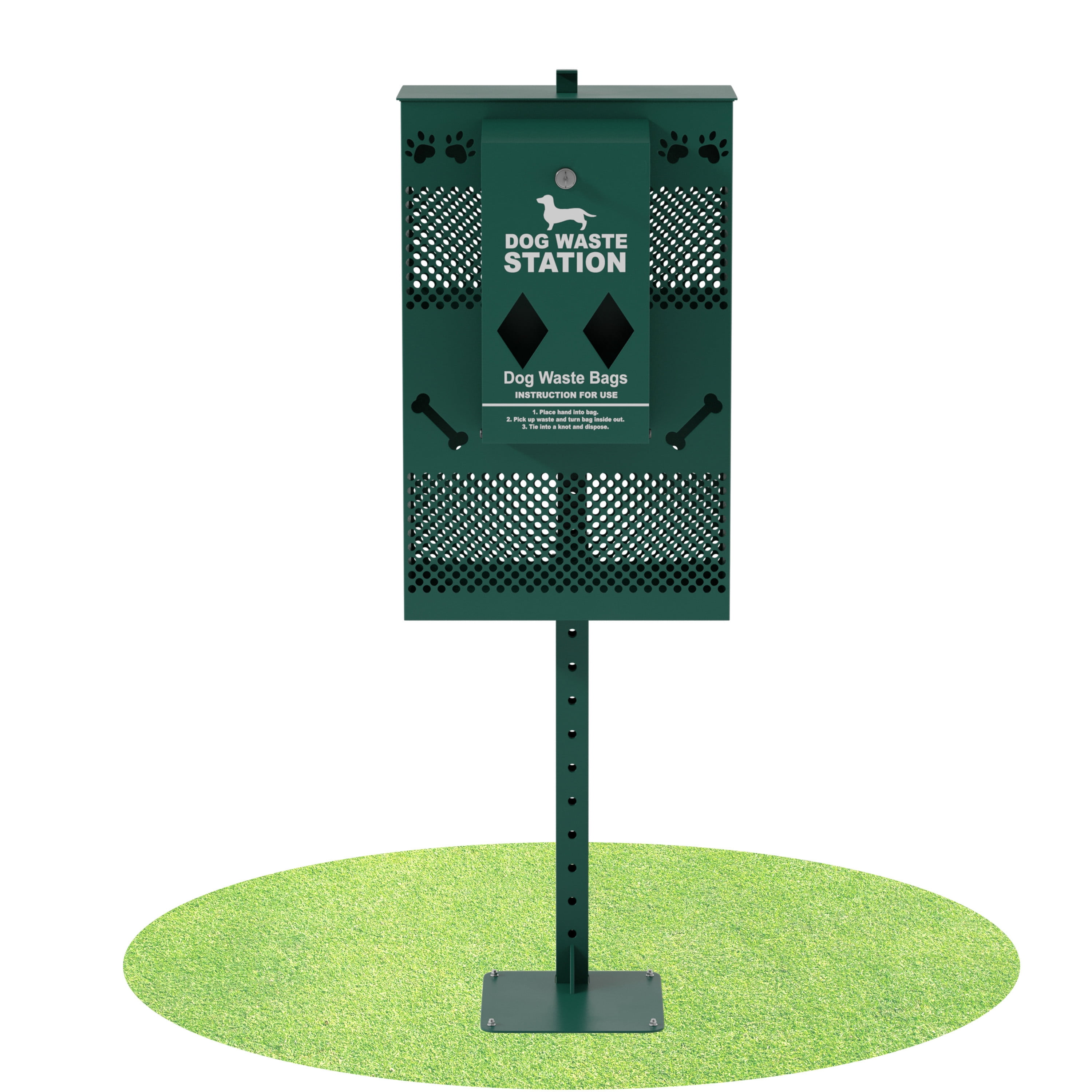Emma + Oliver Compact Dog Waste Station with Rectangular Lidded Trash Can and Locking Roll Waste Bag Dispenser in Green