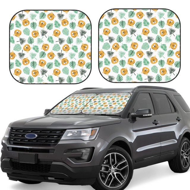 Balery Tiger Leaves Parasol para parabrisas de coche de 2 piezas | Parasol plegable para parabrisas delantero de coche para la mayoría de sedanes-Small