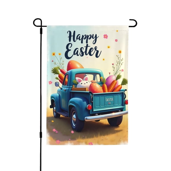 Happy Easter Garden Flag 12.5x18 Inch Double Sided Burlap Blue Truck Rabbit Eggs, Small Yard Flags For Outside Farmhouse Holiday Spring Outdoor Bunny Decor 1 Flag