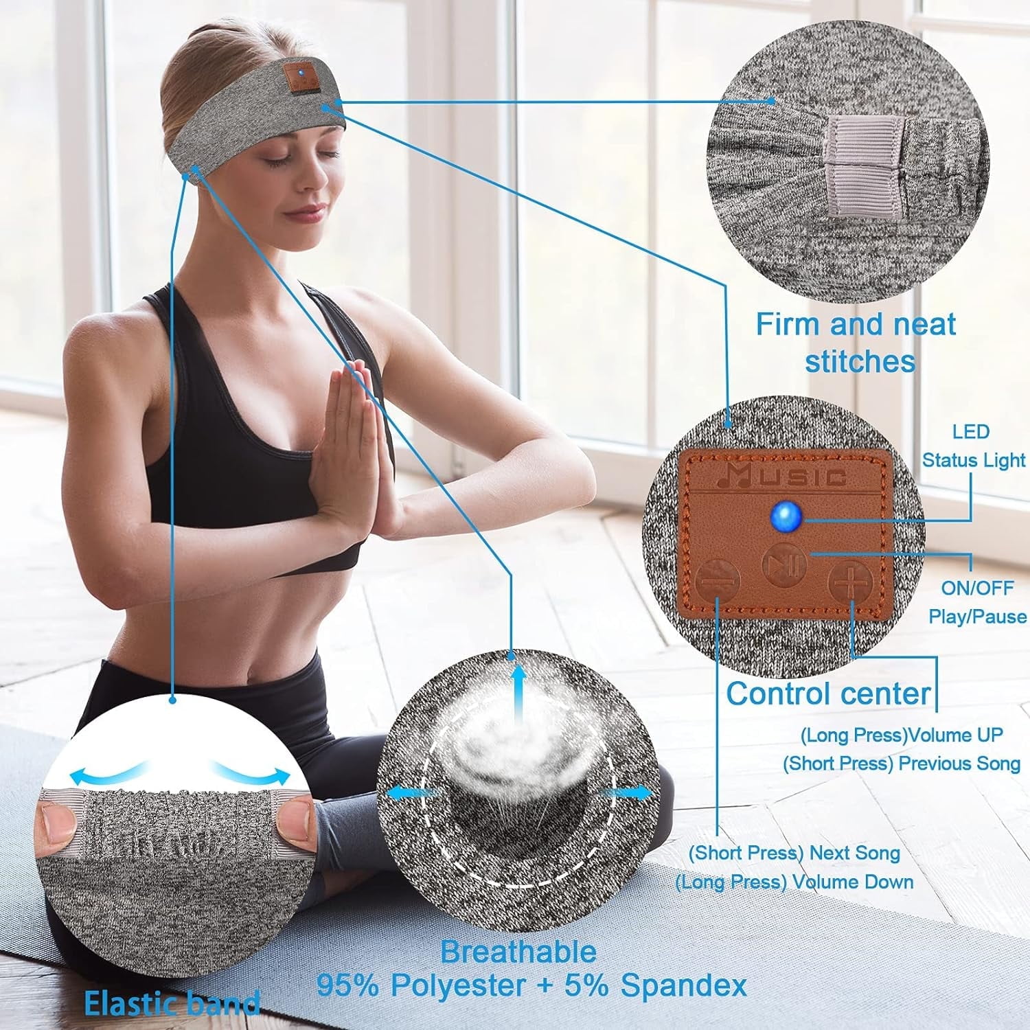 DIMEN Sleep Headband Headphones Bluetooth with Mic - HD Sound for Side Sleepers, Yoga & Sports