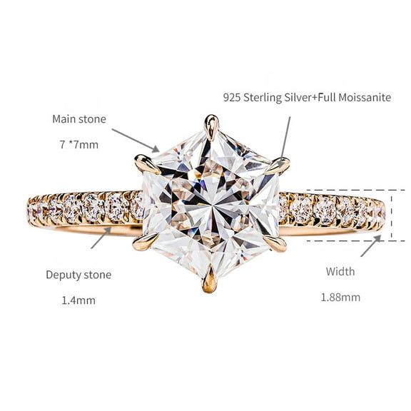 Hexagon Cut 2 Carat Moissanite Wedding Ring Bridal Set Color VVS1 Clarity Moissanite Rings for Women Simulated Diamond Promise Ring Fiancee Lab Grown Diamond Engagement Rings Lady