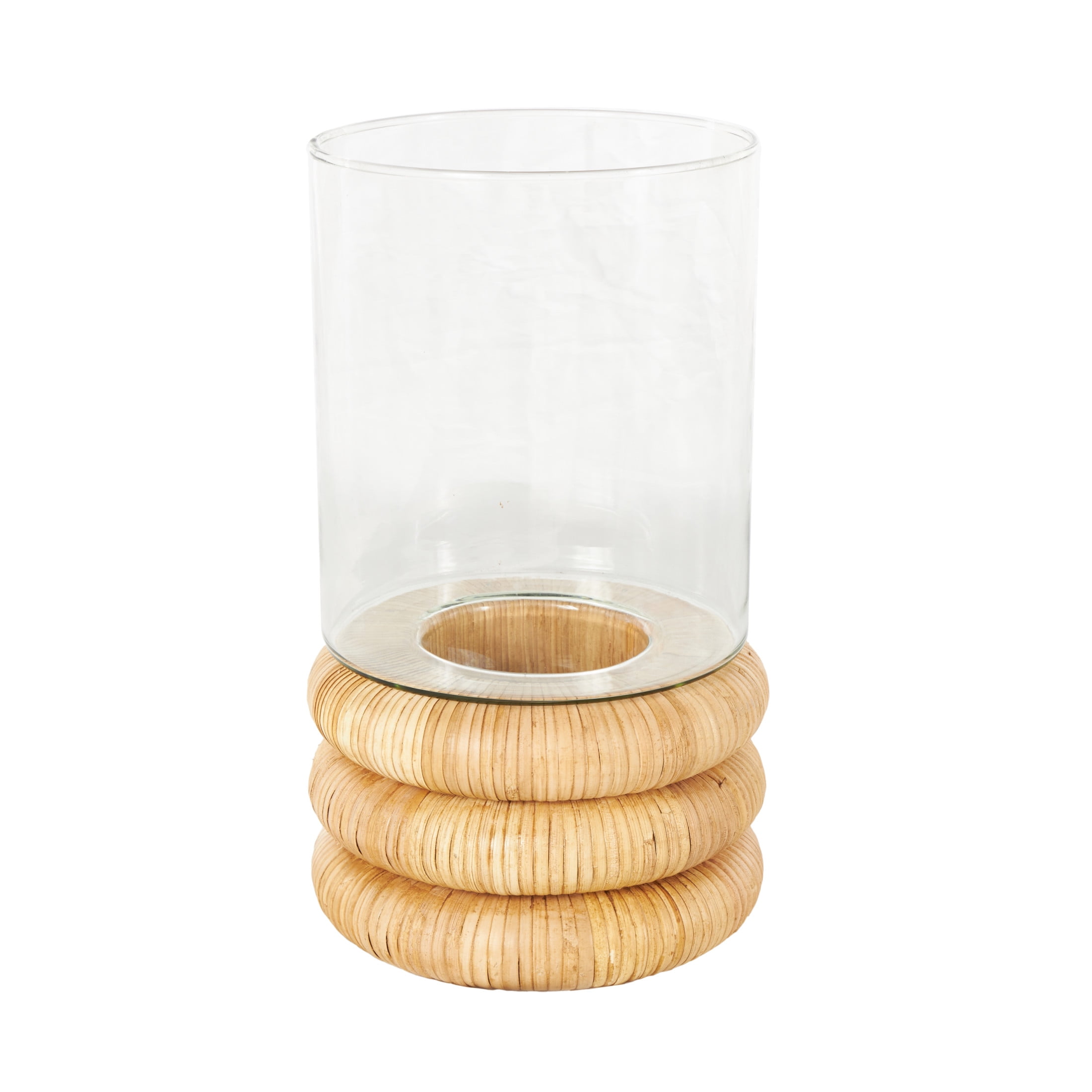 DecMode Glass Round Hurricane Lamp with Light Brown Woven Base