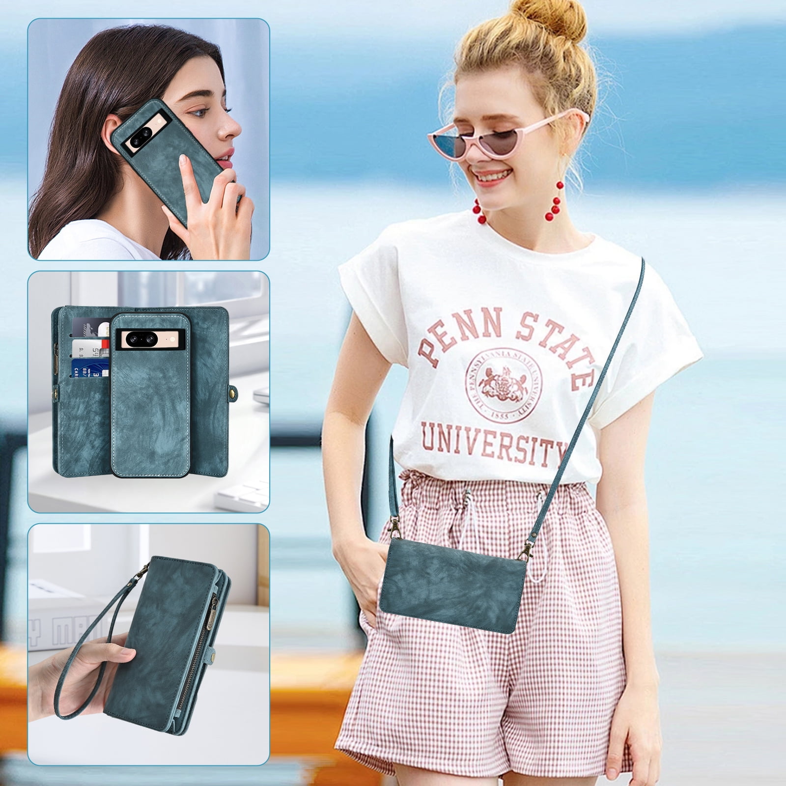 Asuwish Compatible with Google Pixel 8 5G Phone Case Zipper Wallet Detachable Tempered Glass Screen Protector Crossbody Lanyard Strap Flip Card Holder Cell Cover for Pixel8 Eight Women Men Girls Blue