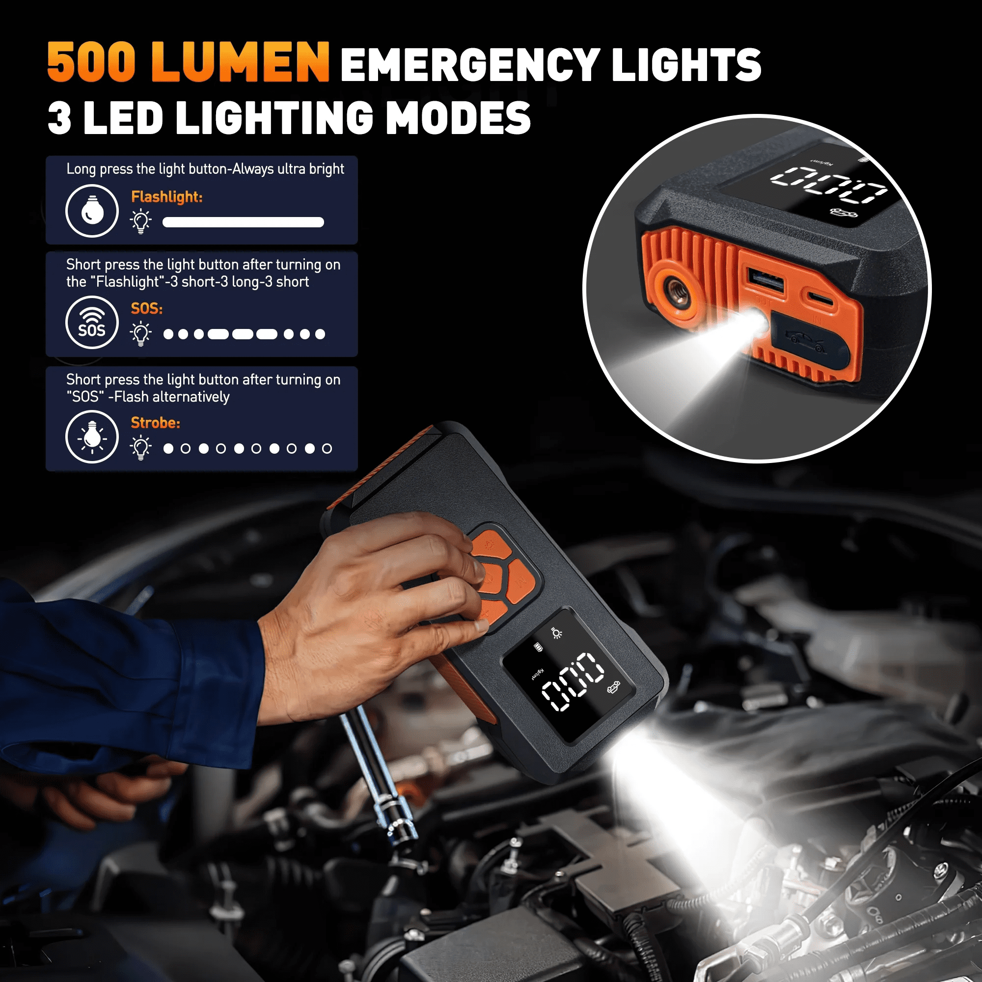 Jump Starter with Air Compressor, 3500A Portable Car Battery Jump Starter with 150PSI Tire Inflator (All Gas/10L Diesel), 12V Jump Box Portable Jumper Cables with LCD Display & Flashlight