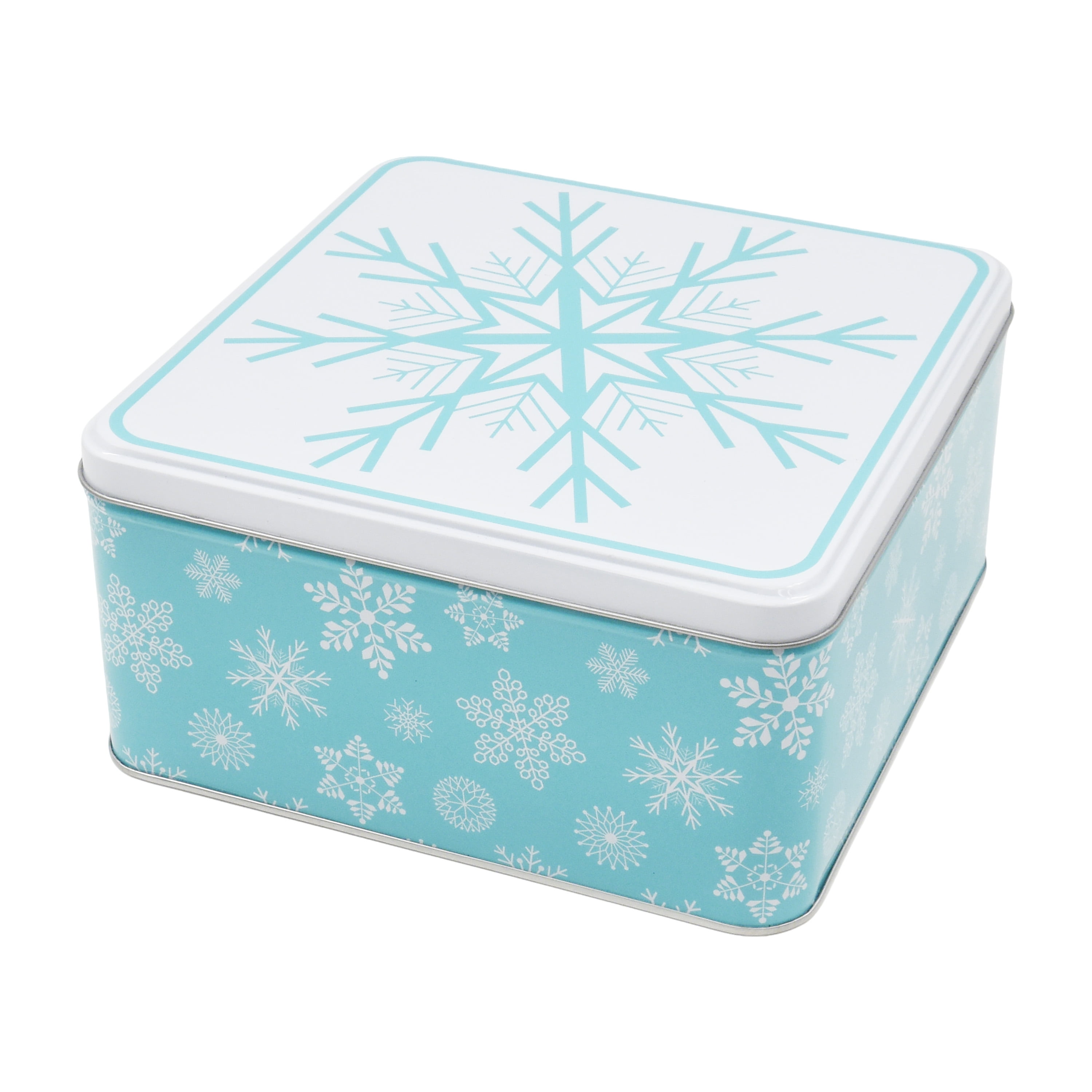 Holiday Time Christmas Snowflake Metal Blue Festive Gift Tin with Lid Large, 8.2" x 8.2" x 4.1", <ul><li>Holiday Time Christmas Snowflake Metal Blue Festive Gift Tin with Lid Large</li><li>Featuring a blue tin body with a festive white lid decorated with snowflake prints</li><li>Lightweight, reusable</li></ul>