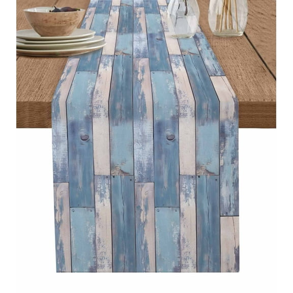 Boanket Blue Beige Wooden Table Runner - 72 Inch Long, Kitchen Dining Table Runner Dresser Scarves, Farmhouse Vintage Wood Farmhouse Decor for Coffee Tables Wedding Party Banquet