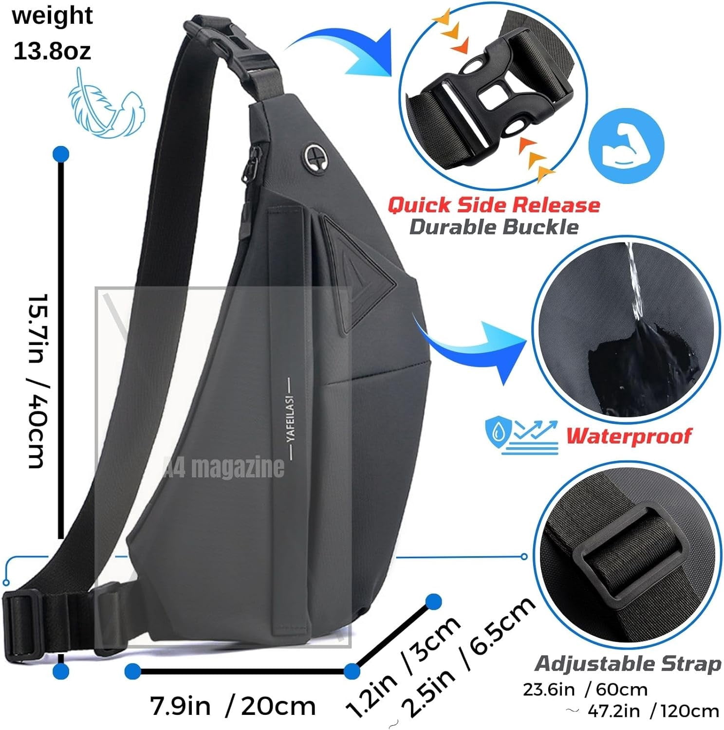 Anti-Theft Travel Sling Bag for Men and Women Expandable Waterproof Crossbody Bag Chest Shoulder Backpack (Black - Left shoulder)