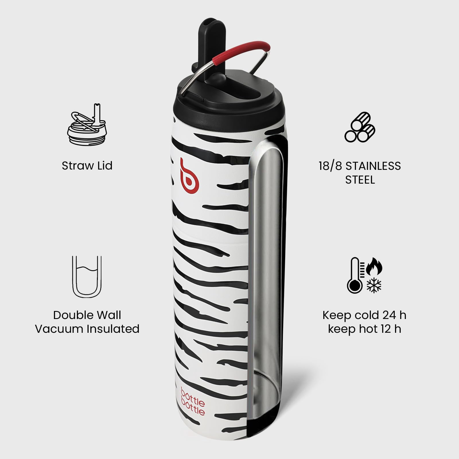 BOTTLE BOTTLE Stainless Steel Water Bottle with Straw and Lid, 32oz Vacuum Insulated Water Bottle Flask, Stay Cold for 24 Hrs, Hot for 12 Hrs, Leak-Proof Wide Mouth Sports water bottle,Zebra Stripe