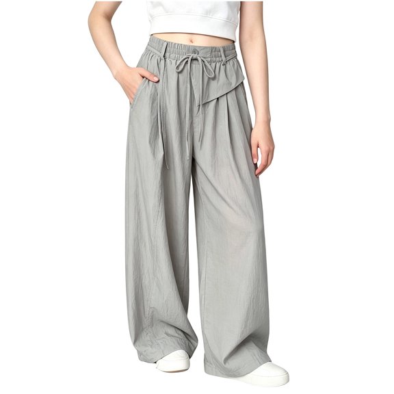 ZBSOKO Girls Wide Leg Pants Elastic Waist Baggy Pants with Pockets Lightweight Quick Dry Full Length Fashion Trousers for Outdoor Daily Wear