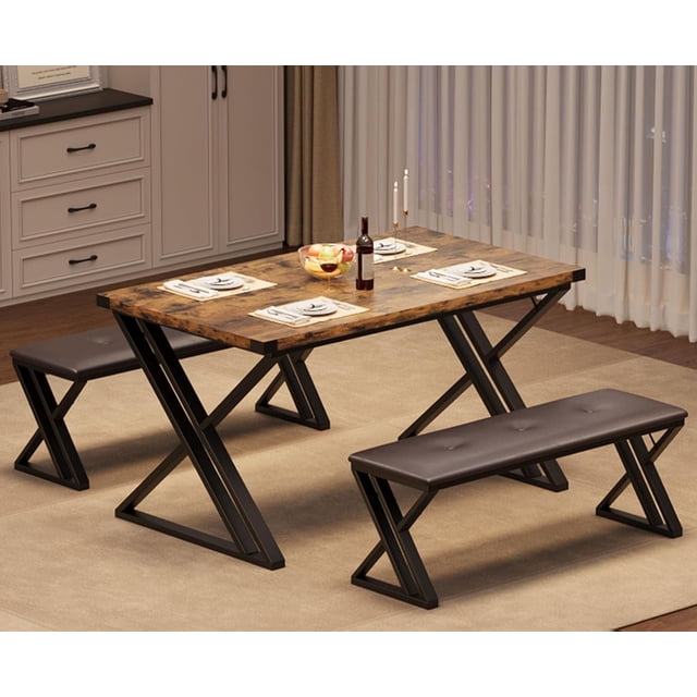 Rectangular Dining Table Set for 4, Farmhouse Table Set with 2 Upholstered Benches,3 Piece Dining Table Set for Restaurant, Apartment,Kitchen,Dining Room,Wooden Metal,Industrial Table