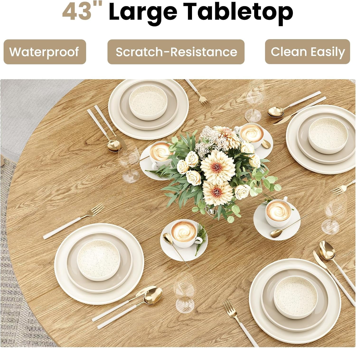 Farini 43" Round Dining Table, Modern Wood Kitchen Table with Metal Base, Seats 4, for Dining Room or Kitchen, Walnut