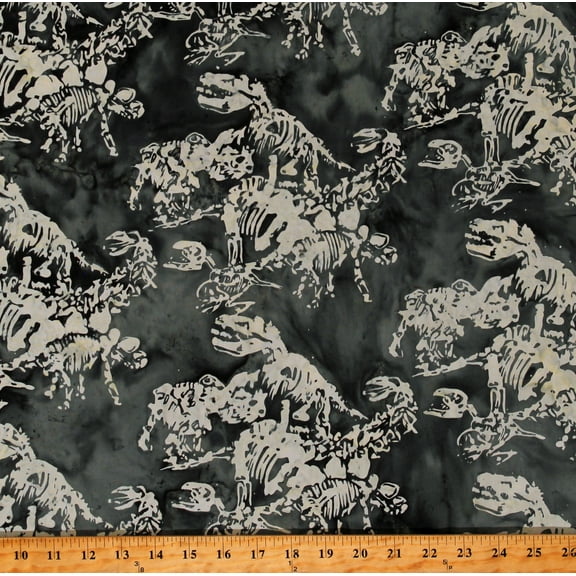 Cotton Batiks Dinosaurs Dinos Fossilized Fossils Bones Skeletons T-Rex Triceratops Prehistoric Charcoal Cotton Fabric Print by the Yard (83100-94)