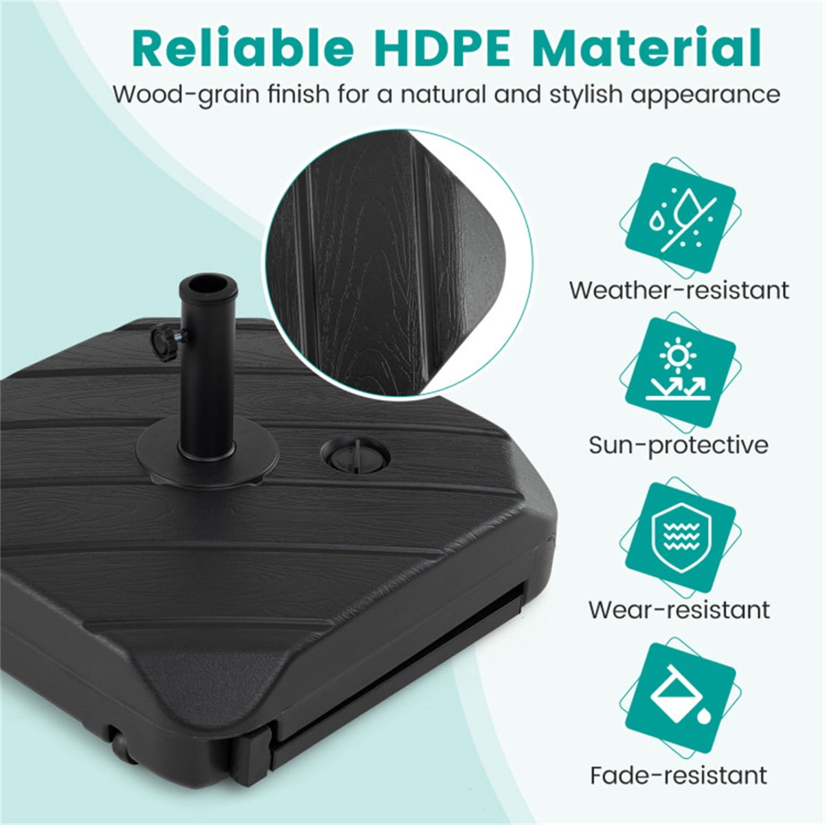 Rolling Fillable Patio Umbrella Base with Foldable Pull Rod & Hidden Wheels Heavy Duty Water Sand Weighted HDPE Umbrella Stand with 2 Pole Adapters for 7.5–11ft Umbrellas Black Wood Grain