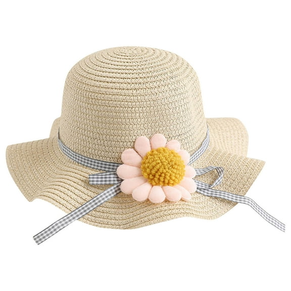 LNMQLPDBS Summer Straw Hat for Girls Ruffle Large Wide Brim Sunflower Beach Hat Cute Summer Fancy Hat Toddler Girl Gifts Sun Hat with Flower for Party Beach and Vacation Beige One Size