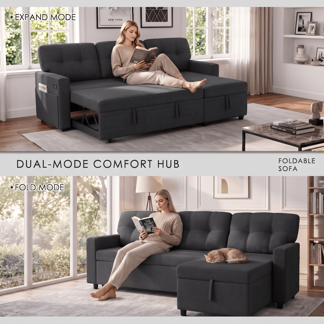 Xiweot Sectional Sleeper Sofa Bed 82" Convertible L Shaped Couch with Storage Chaise, USB Ports & Side Pockets, Compact Linen Pull Out Sofa for Living Room Apartment Recreational Vehicle, Dark Gray