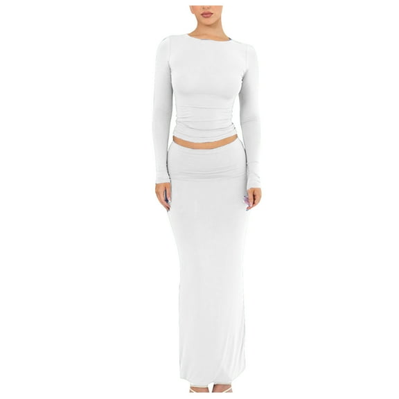 Women's Casual Outfits Suits for Women O-Neck Long Sleeve Tops Sets Solid Color Skinny Fishtail Skirt 2 Piece