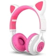thumbnail image 3 of Riwbox CT-7 Bluetooth Kids Headphones Cat Ear LED Light Up Wireless Foldable Headphones Over Ear with Microphone and Volume Control for iPhone/iPad/Smartphones/Laptop/PC/TV (White&Pink), 3 of 9