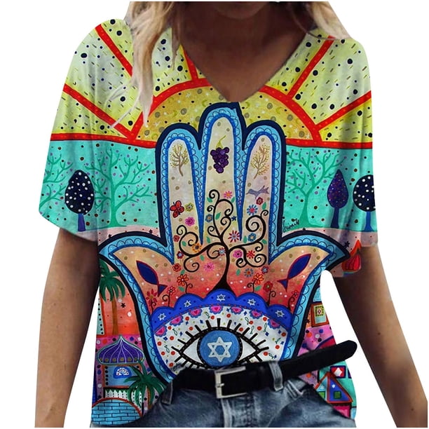 Pntutb moda mujer impresión cuello en V camiseta manga corta Casual camiseta tops blusa Pntutb Pntutb-4813