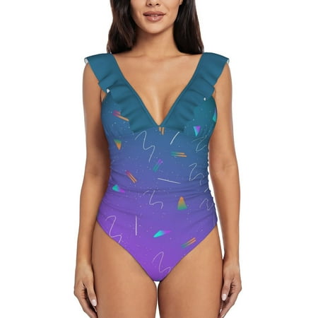 Neon Vibes One Shoulder Ruffle Swimsuits Bodysuit One Piece Swimwear Women New Female Beach Swimsuit 80S Pattern Neon