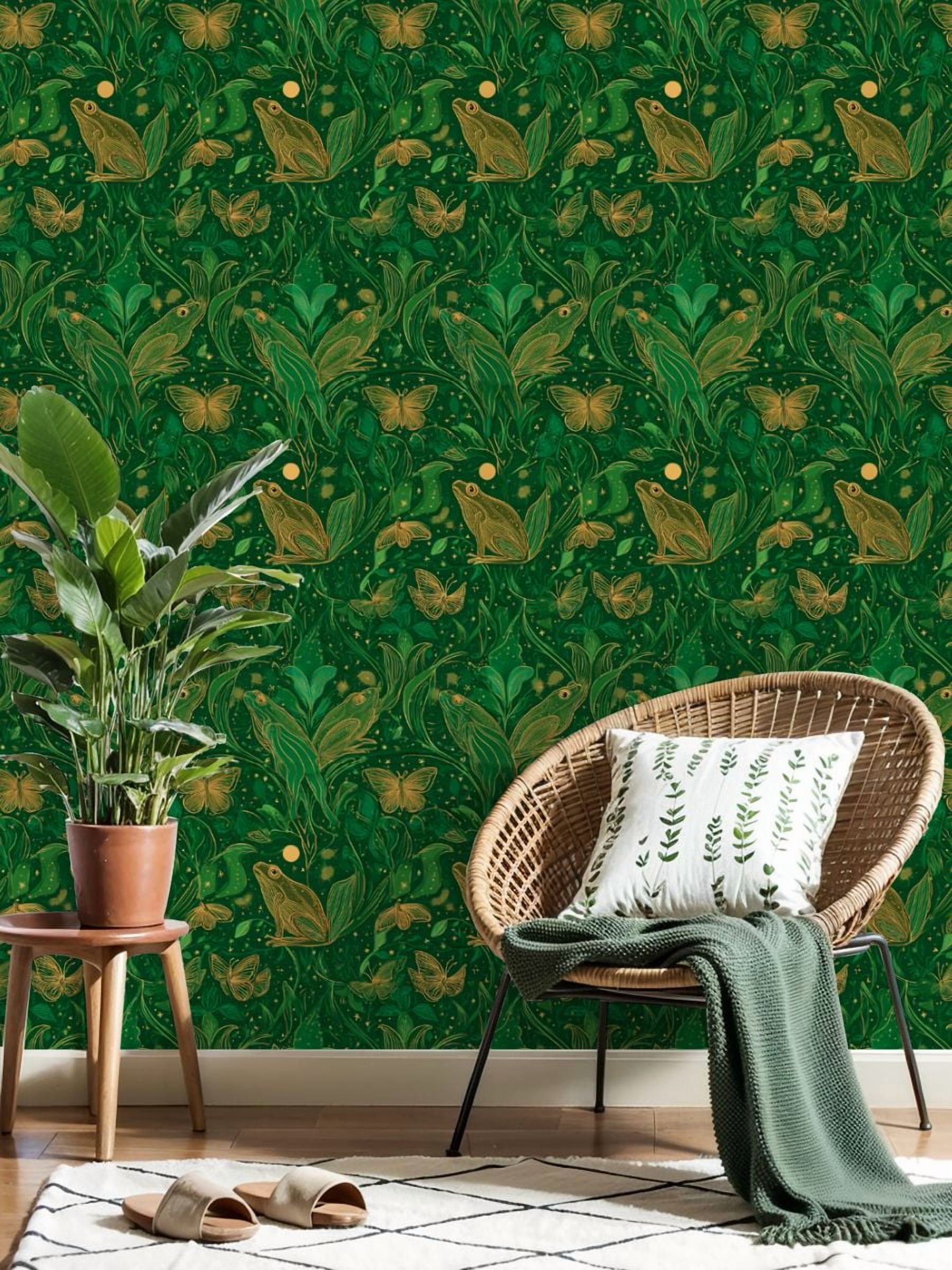 Vintage Peel and Stick Wallpaper Whimsical Frogs Butterflies Floral Elements Green Gold Wall Mural 17.7in x 9.8ft Self Adhesive Removable Wall Paper Renter Friendly Wallpaper for Nursery Bedroom