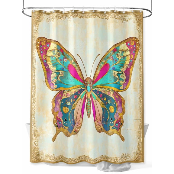 Vintage Butterfly Standard Shower Curtain Set, Waterproof Shower Curtains for Bathroom, Retro Colorful Butterfly Washable Fabric Cloth Bath Curtain for Bathtub Decoration with Hooks 72x72 Inches