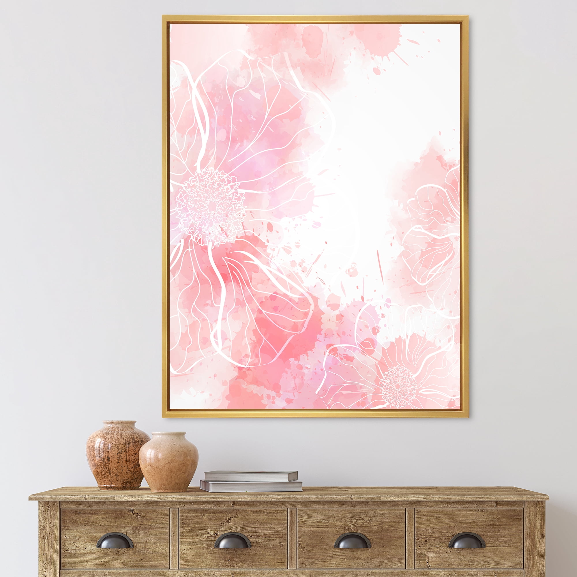 Designart 'Abstract Splashes of Pink Flowers I' Modern Framed Canvas Wall Art Print