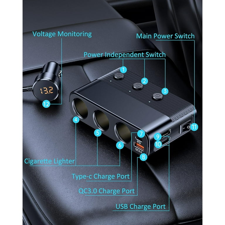 3 in 1 cigarette lighter adapter 7 in 1 Cigarette Lighter Splitter, 3 Socket Car Charger Adapter, Type-C  QC3.0 PD 30W Charging, Dual USB Charging Ports, Independent Switches, LED