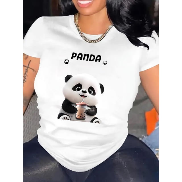 1 Pce T-Shirt Imprimé Panda Mignon pour Femmes, Col Rond Décontracté Manches Courtes, Mode Tendance Polyester Tricoté, Motif Animal Moyen Extensible, Chemise d'Été Confortable Toutes Saisons Fête des Pères, Fête des Mères