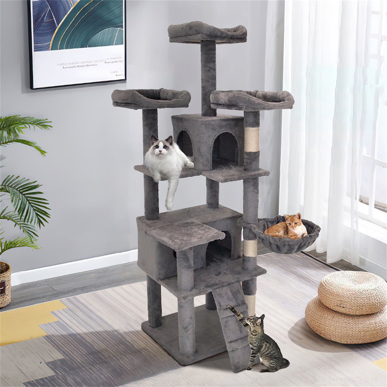 Pefilos 68 Inches Cat Trees Towers with Scratching Posts Condos Hammock Resting Perch, Indoor Play House for Large Cats Kitty Kitten, Gray Pefilos 68 Inches Cat Trees Towers with Scratching Posts Condos Hammock Resting Perch, Indoor Play House for Large Cats Kitty Kitten, Gray