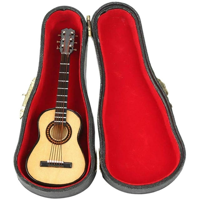 CIMAXIC Birthday 10cm Mini Musical Instruments Model Wooden Guitar Model Household Decoration Birthday Gift with Leather Box Beige,3.94"X1.38"X0.51"