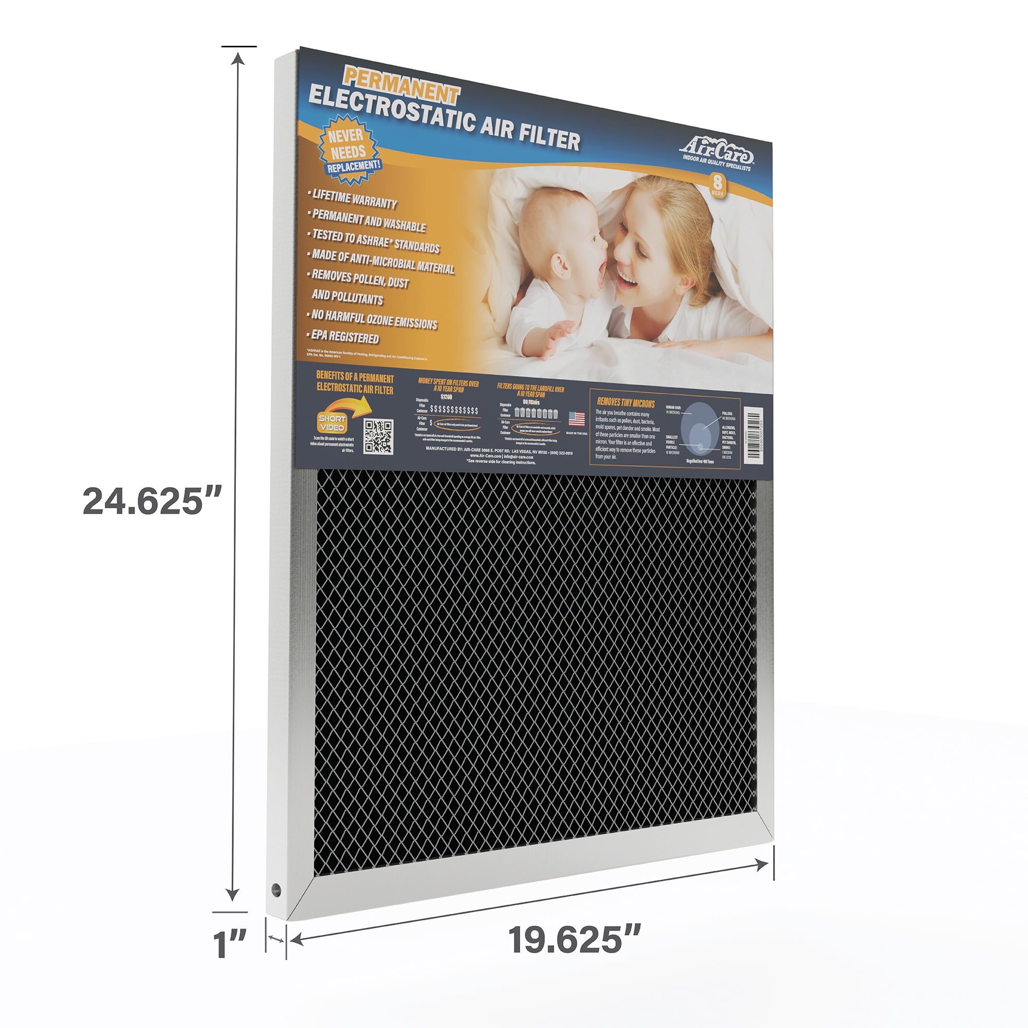 Air-Care 20x25x1 Permanent Washable Electrostatic HVAC Furnace Air Filter, MERV 8, Allergen & Dust Reduction