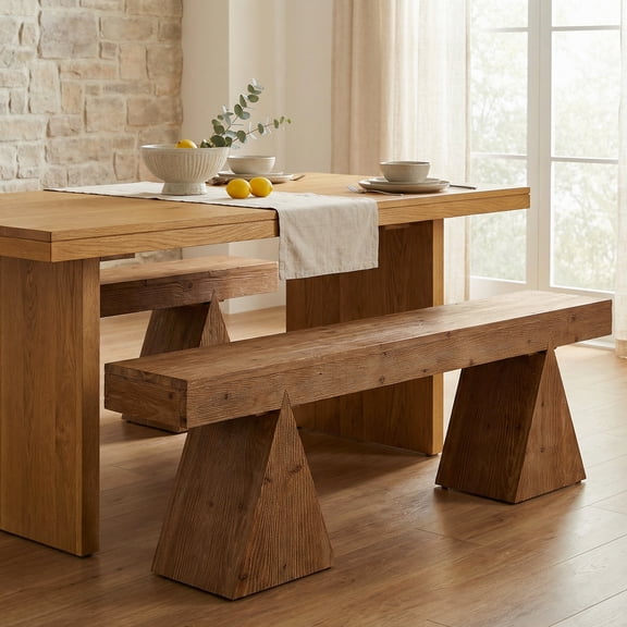 63" Solid Wood Rustic Bench, Farmhouse Dining Bench with Triangle Base, Long Entryway Bench for Dining Room, Bedroom, Hallway, Kitchen
