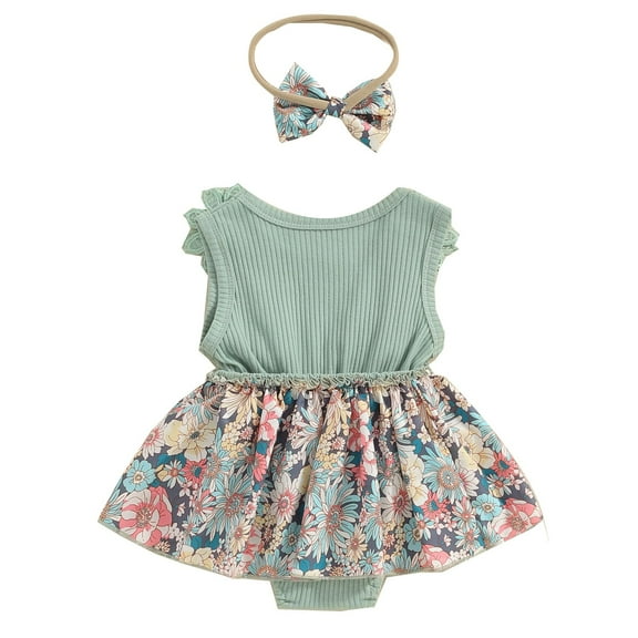 PINQI Baby Girls Summer Clothes Toddler Girls Romper Dress Short Sleeve Tulle Baby Dress Bodysuit Baby Easter Outfit with Headband(1-Green,18-24 Months)