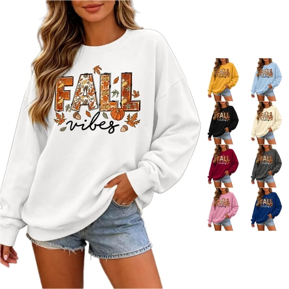 Women Fall Vibes Leaf Graphic Crewneck Sweatshirt Autumn Holiday Pullover Top