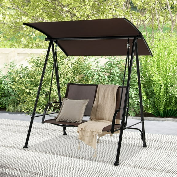 Gymax 2-Person Patio Swing Seat Swing Bench Canopy Swing Loveseat Outdoor Dark Brown