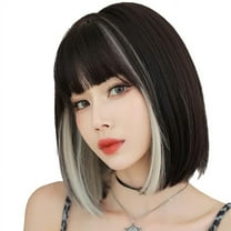 Korean Fashion 13 Inch Straight Short Bob Wig for Women, Natural Shoulder-Length Straight Synthetic Short Lolita Cosplay Wigs with Bangs For Cosplay and Daily Wear D123 Black & White