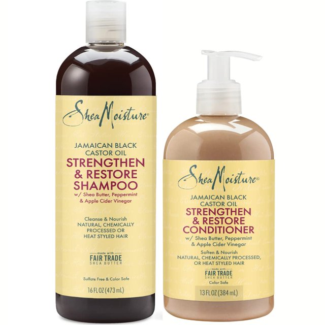 shea moisture jamaican black castor oil clarifying shampoo & conditioner - strengthen & restore sulfate-free shampoo & conditioner set with shea butter, acv, and peppermint oil for: frontal studio view of two bottles — 16 fl oz dark-brown shampoo with flip-top cap and 13 fl oz pump conditioner, both with pale yellow labels reading 'Strengthen & Restore' and ingredient callouts for Jamaican Black Castor Oil, shea butter, apple cider vinegar and peppermint. White background.