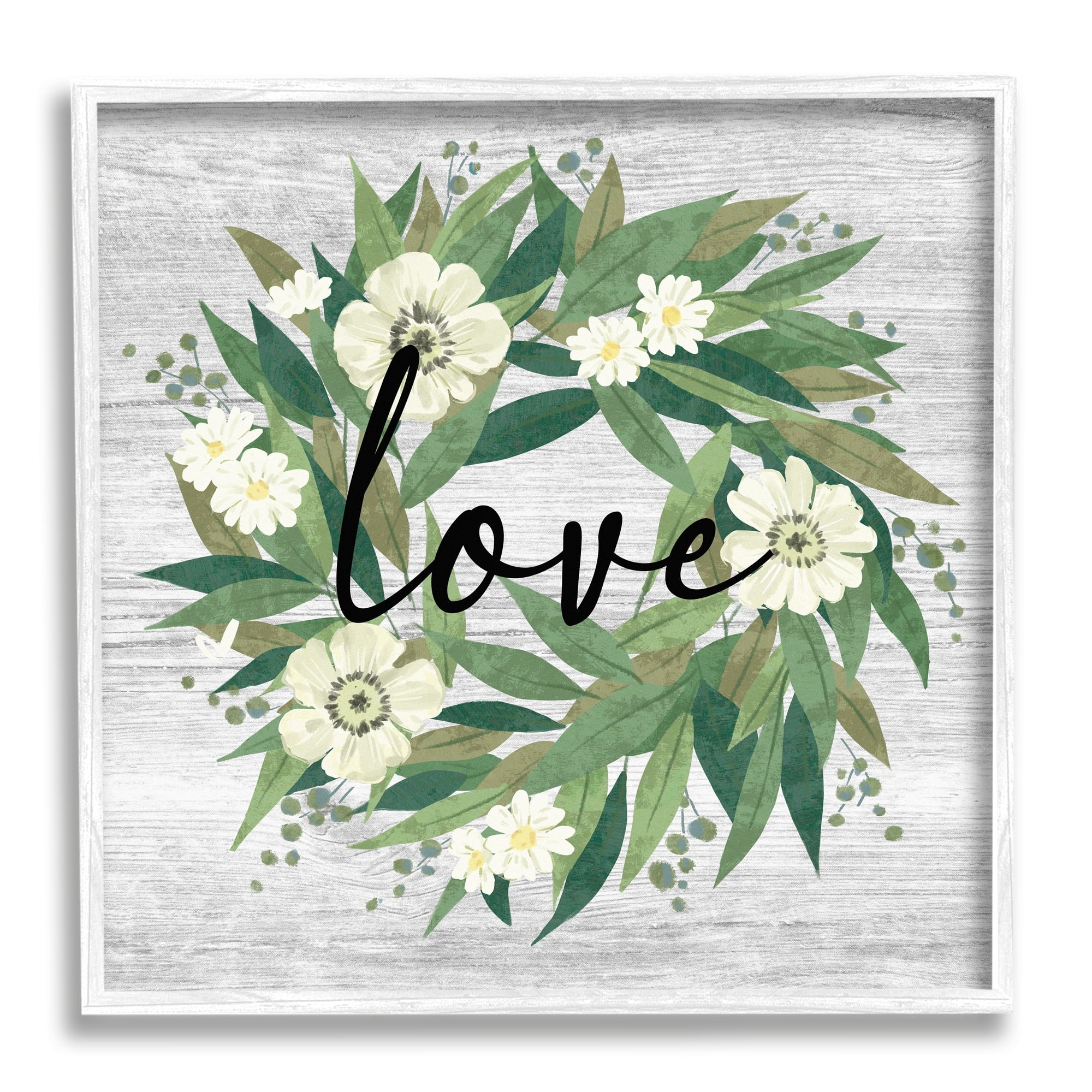 Stupell Industries Botanical Love Calligraphy Floral Wreath Rustic Design Graphic Art White Framed Art Print Wall Art, Design by Ziwei Li
