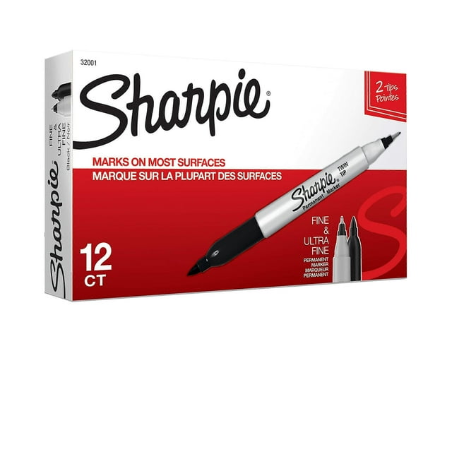 32001 Twin Tip Permanent Markers, Fine and Ultra Fine, Black, Version 1 Pacf of 12 Count Ref: 3296