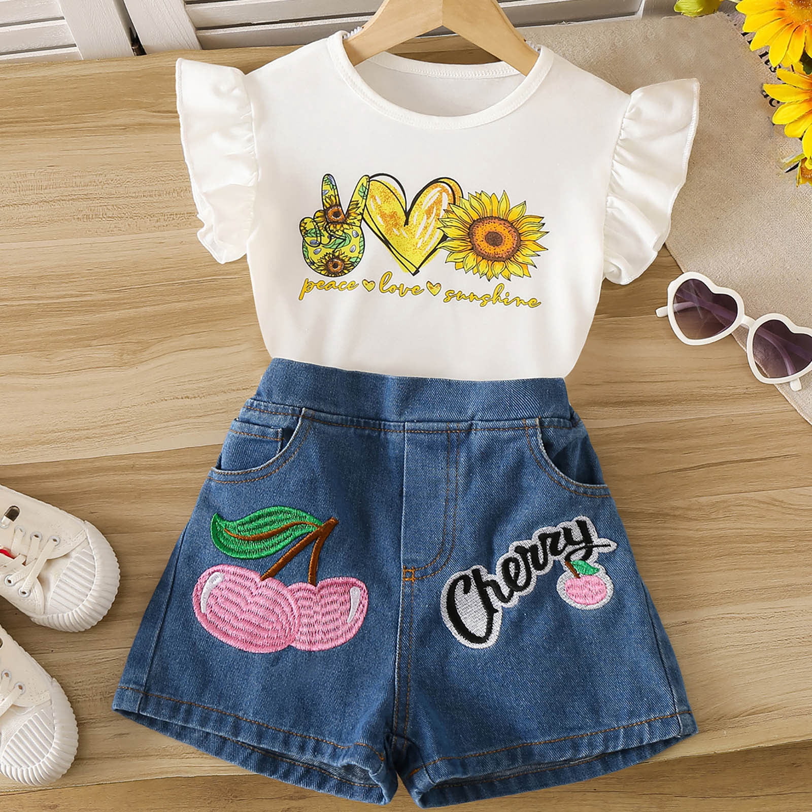 newwalpole Baby Girl Clothes Toddler Girl Summer Outfits Shirts Tops Ripped Denim Shorts Set Little Girl Clothes Yellow for Size 9-10 Years