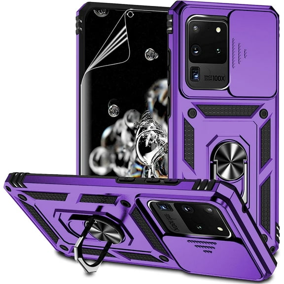 for Samsung Galaxy S20 Ultra Case with Camera Lens Cover HD Screen Protector, -Grade Drop Tested Ring Holder Kickstand Protective Phone Case for Samsung Galaxy S20 Ultra 5G (Purple)
