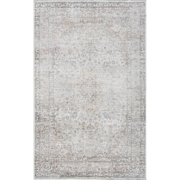 BoutiqueRugs Holli Oriental Medallion Small Area Rug - Vintage Traditional Floral Carpet for Living Room - Machine Washable - Light Brown, Pale Blue, Cream - 2' x 3'