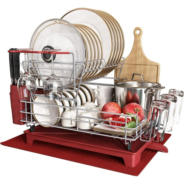 Escurridor de Trastes Acero Inoxidable para Mostrador de Cocina, Escurridor de Platos con Soporte para Copas de Vino, Estante para Cubiertos y Almohadilla de Secado Adicional