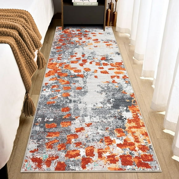 YUSAZENS Tapis Moderne Abstrait 2x6 Boho Lavable à la Machine Antidérapant à Poils Courts Tapis Décoratif Tapis Coloré pour Salon Chambre Bureau Orange/gris
