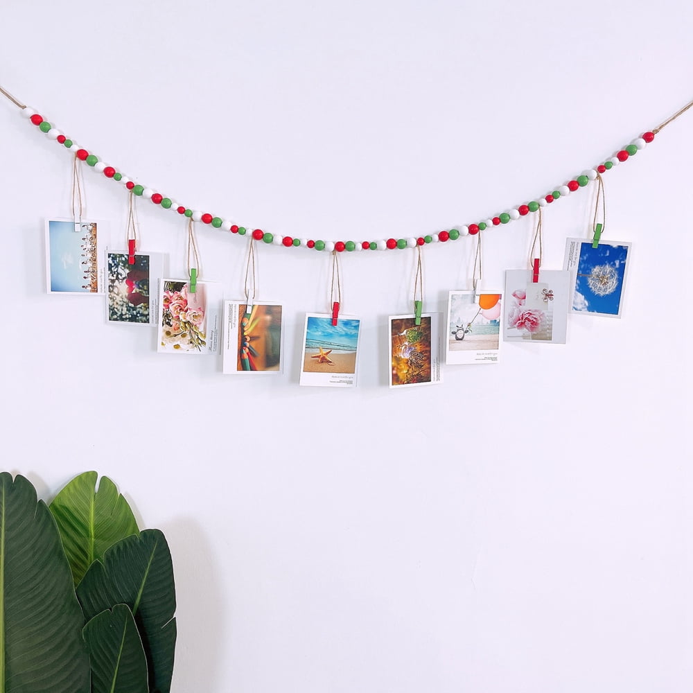 Wall Hanging Photo Display With Wooden Beads Garland 4 Feet Boho Collage Picture Frame DIY Picture Photo Frame Set With 9 Wood Clips For Rustic Country Home, Office Nursery Room Decoration(2 Pieces