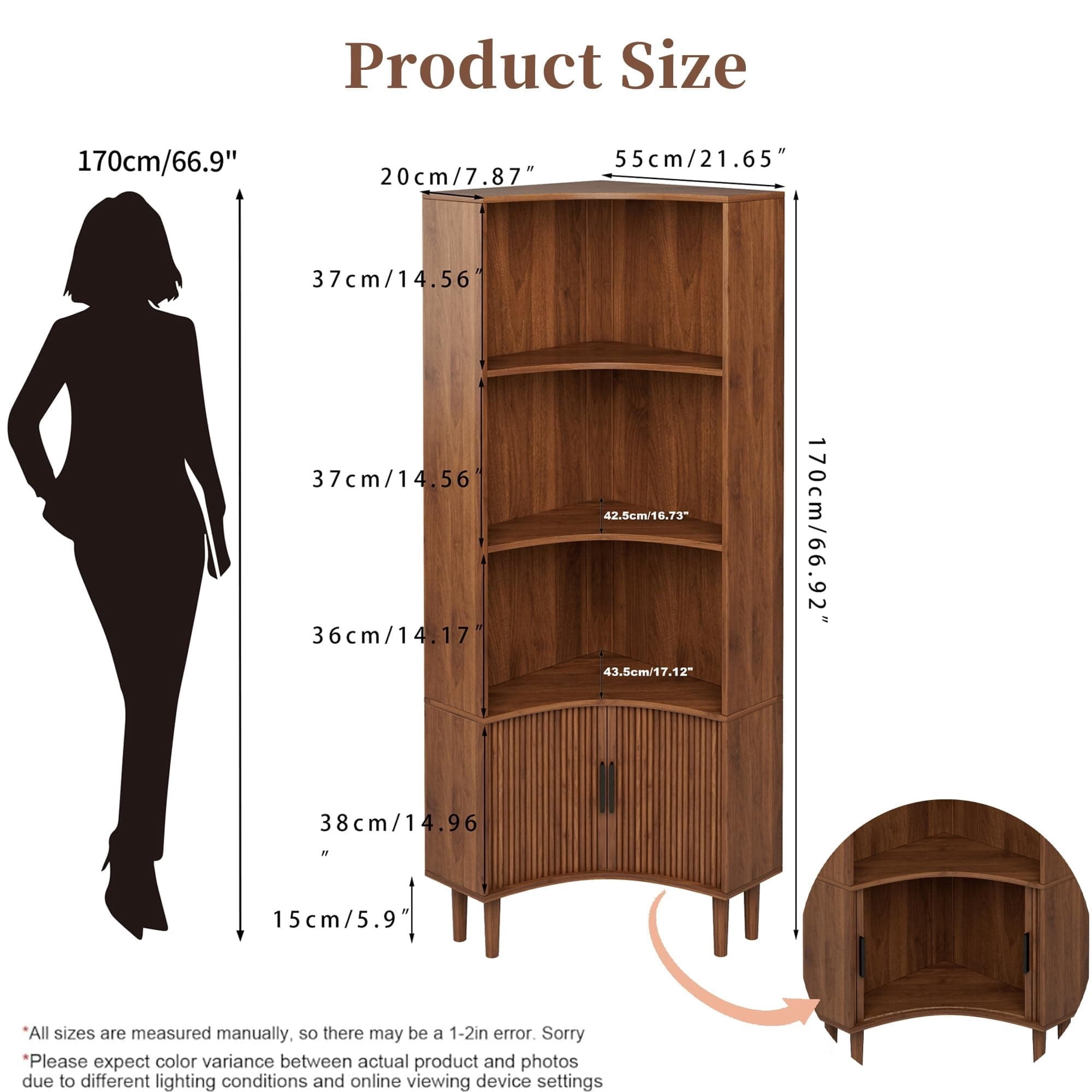 67" Tall Fluted Corner Cabinet with Sliding Doors, Modern Wood Freestanding Storage Organizer