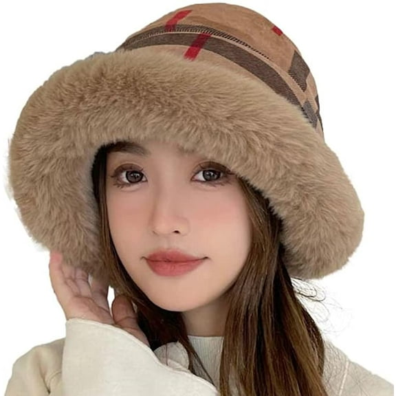 CoCopeaunt Women Plush Fluffy Bucket Hat Warm Winter Cozy Fuzzy Brim Girls Fisherman Cap