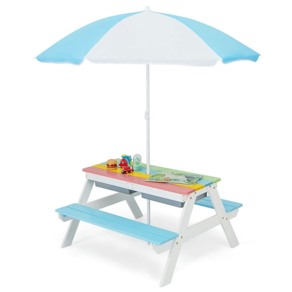 Spaco 3-in-1 Kids Outdoor Picnic Water Sand Table with Umbrella Play Boxes-Blue, Toddler Table and Chair Set for Arts & Crafts, Snack Time, Homeschooling, Homework