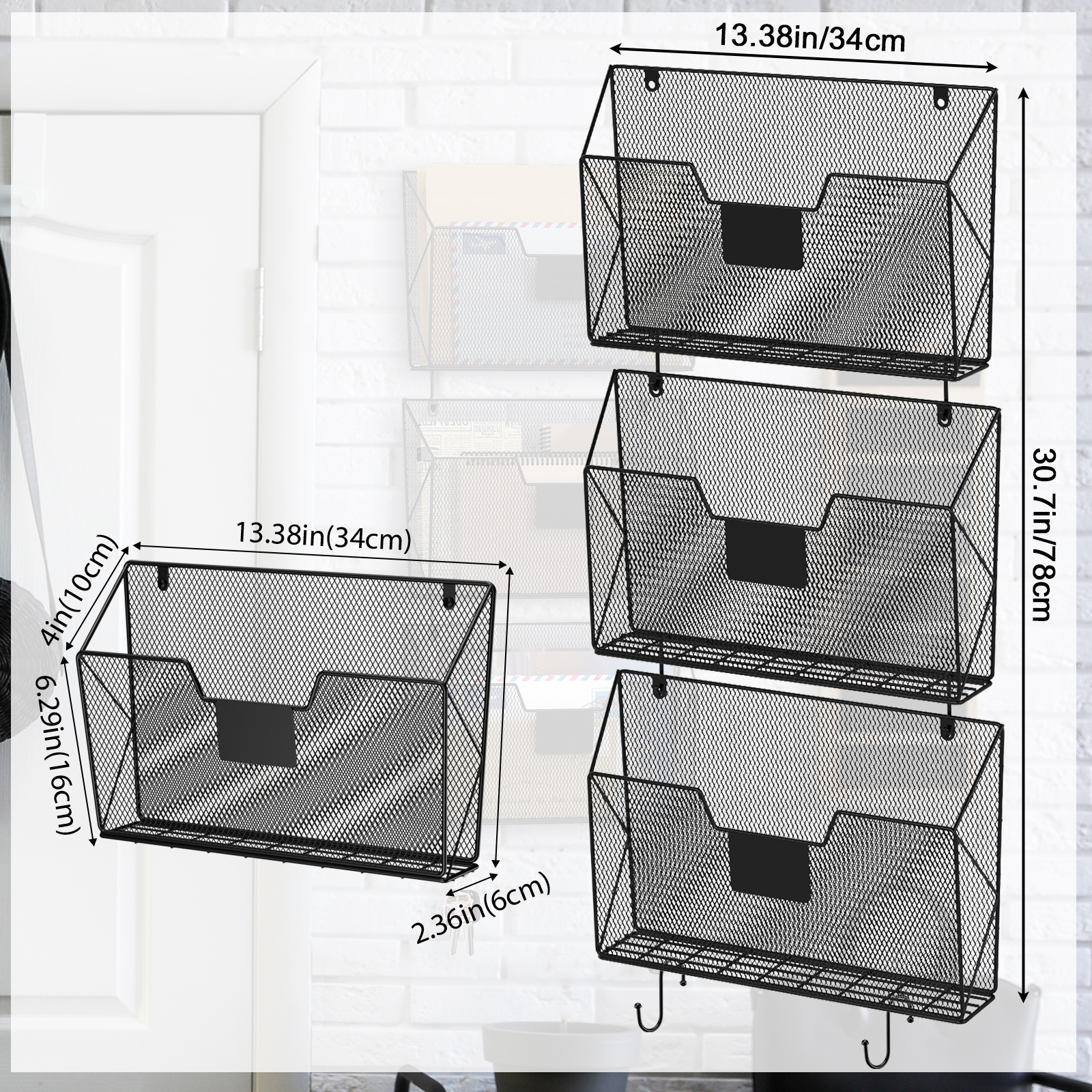 3-Pack Wall Mounted Mesh File Holder, Hanging Document Organizer with Label Slots for Home, Office