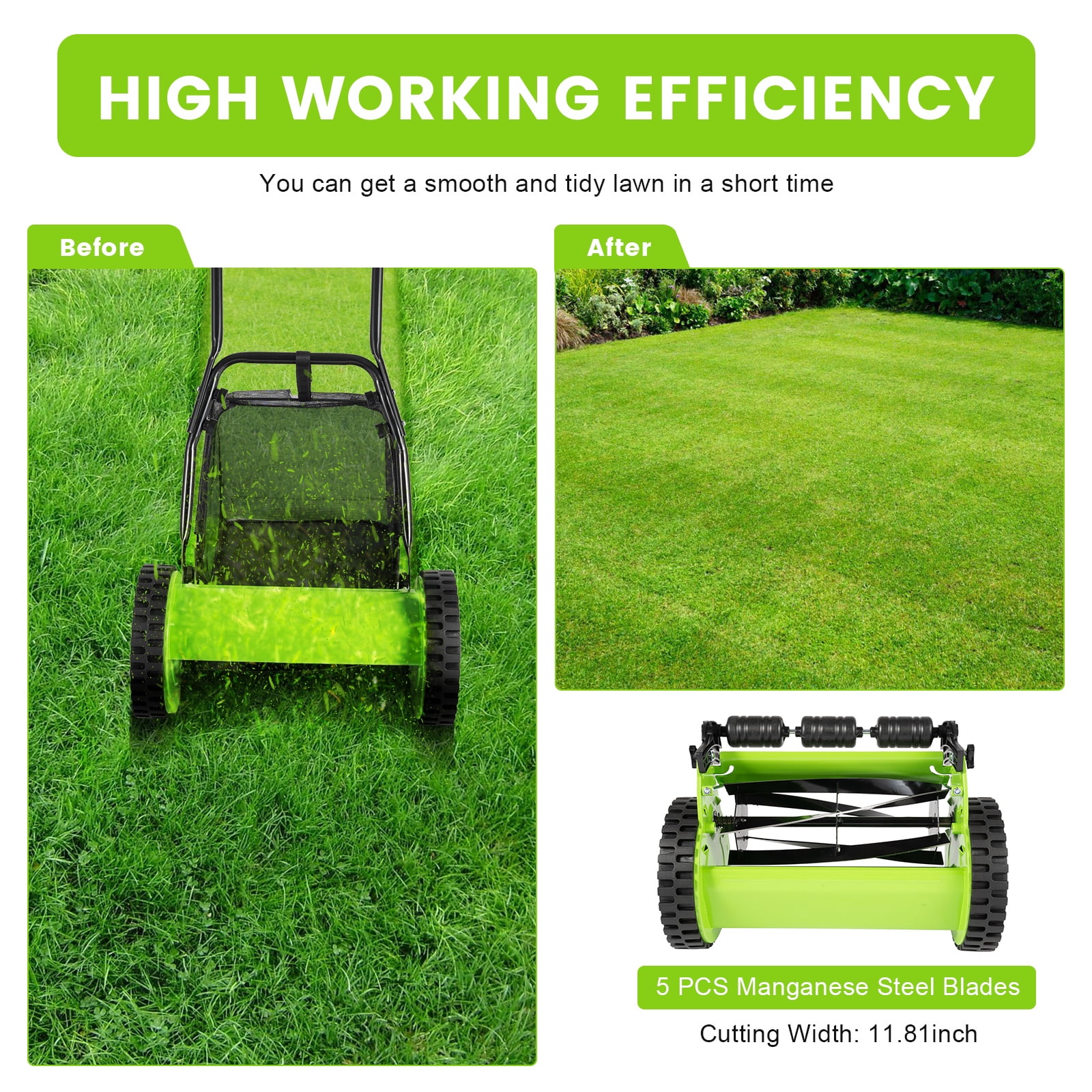 ToppiJoy Walk-Behind Manual Push Reel Lawn Mower with 5 Blades, 23L Grass Catcher, 11.81-Inch Cutting Width, Adjustable Height for Efficient Lawn Maintenance